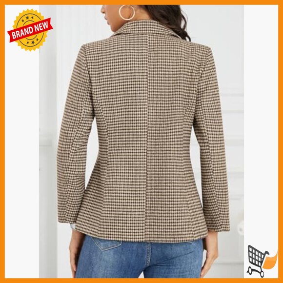 Women's Plaid Blazer Embroidered Collar Houndstooth Business Casual Jacket - Picture 2 of 7
